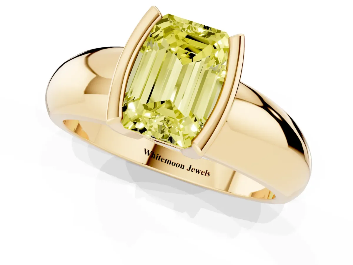 Fancy Yellow Emerald Cut Solitaire Tension Set Diamond Ring with Wide Band Yellow gold