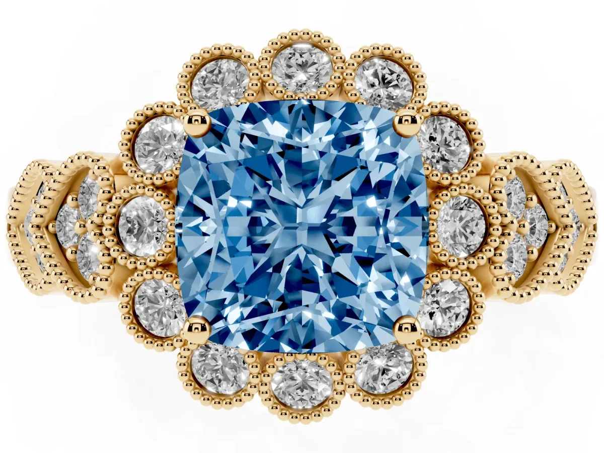 Fancy Blue Cushion Cut Brilliant Milgrain Pave Heart Band Solitaire Ring Yellow gold