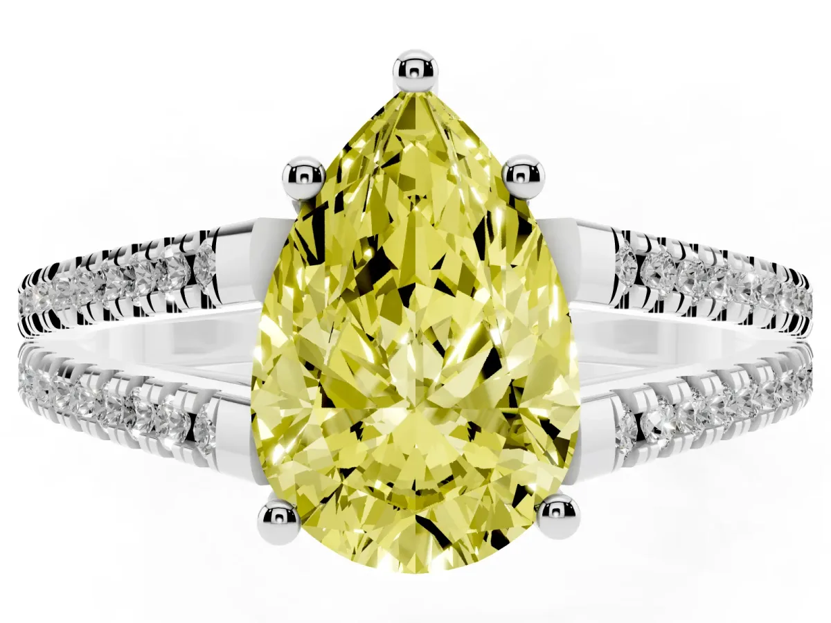Fancy Yellow Pear Cut Diamond Solitaire Engagement Ring with Split Shank Pavé Band Platinum