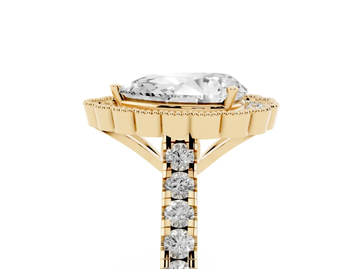 Pear Cut Cut Diamond Milgrain Floral Halo Engagement Ring with Pavé Band Yellow gold