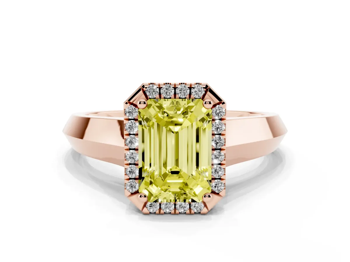 Fancy Yellow Emerald Cut Halo Diamond Ring with Cathedral Band and Four-Prong Setting Rose gold