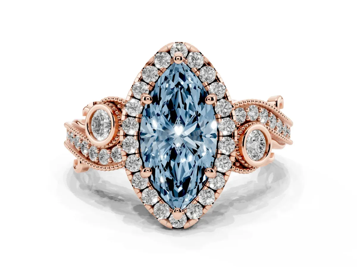 Fancy Blue Marquise Cut Diamond Halo Ring with Milgrain Pavé Band and Four-Prong Setting Rose gold