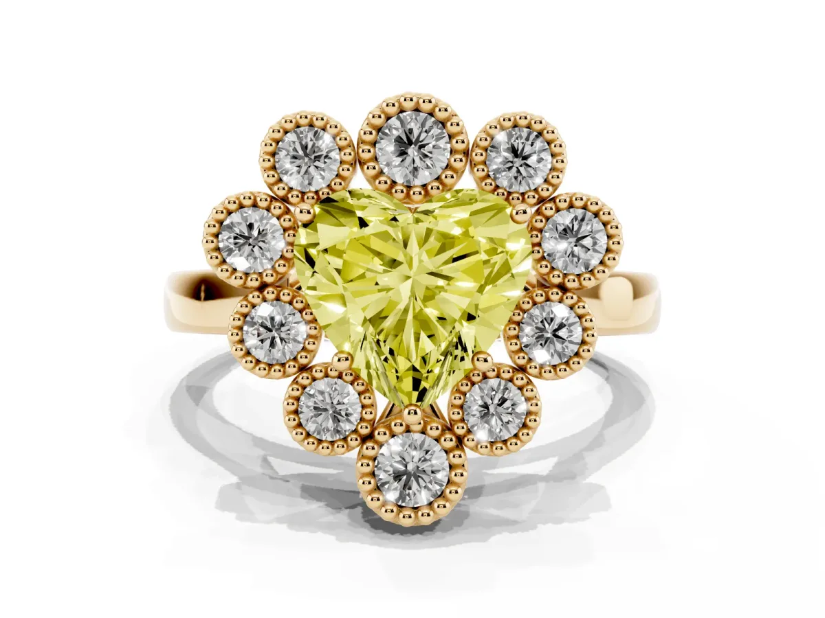 Fancy Yellow Heart Cut Halo Diamond Cluster Engagement Ring with Milgrain Bezel Setting and Solitaire Band Yellow gold