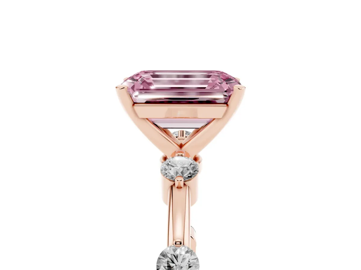 Fancy Pink Emerald Cut Solitaire Diamond Ring with Bezel Set Side Stones and Prong Setting Rose gold