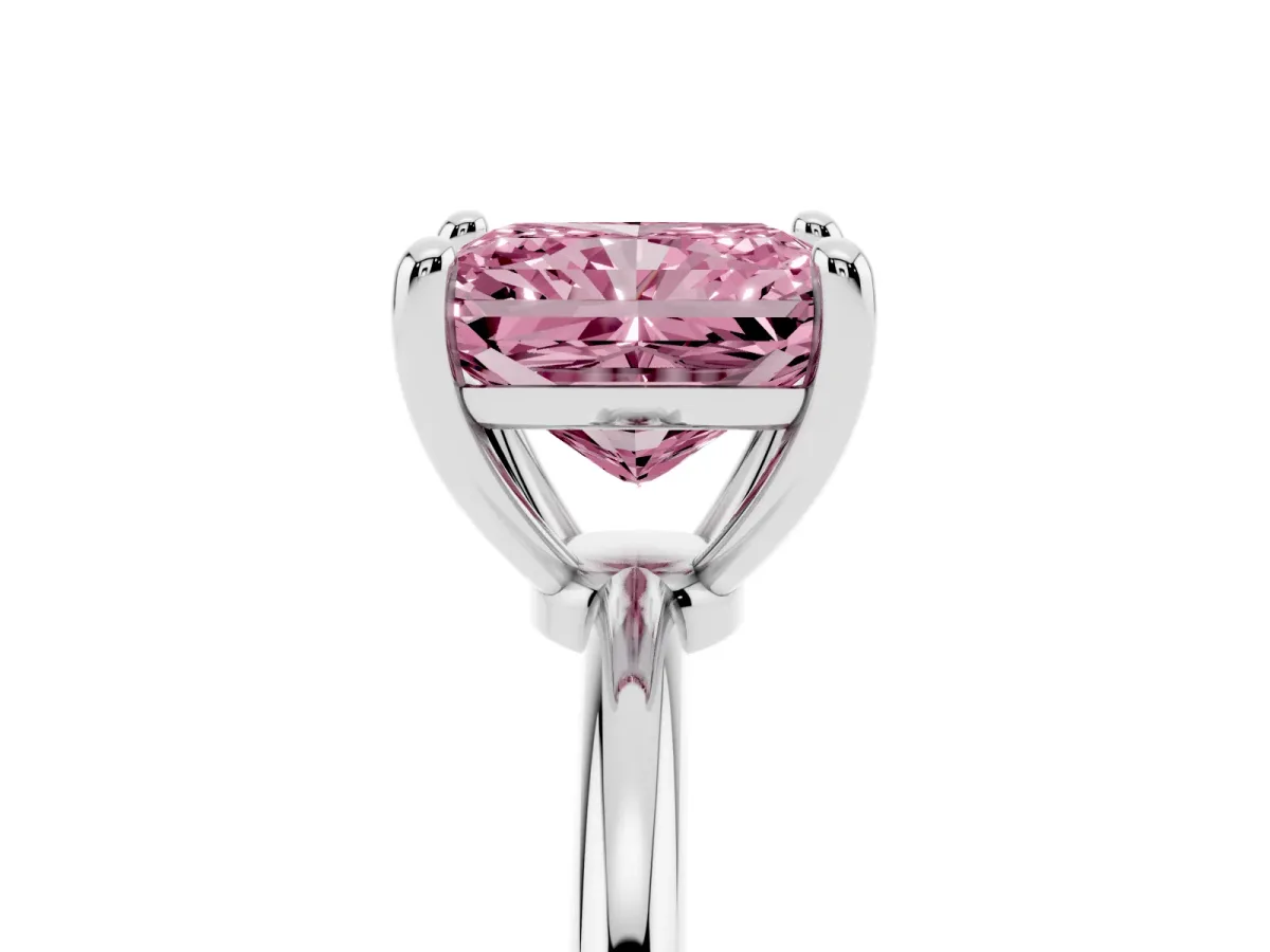 Fancy Pink Radiant Cut Solitaire Diamond Ring with 4-Prong Setting on a Classic Band Silver