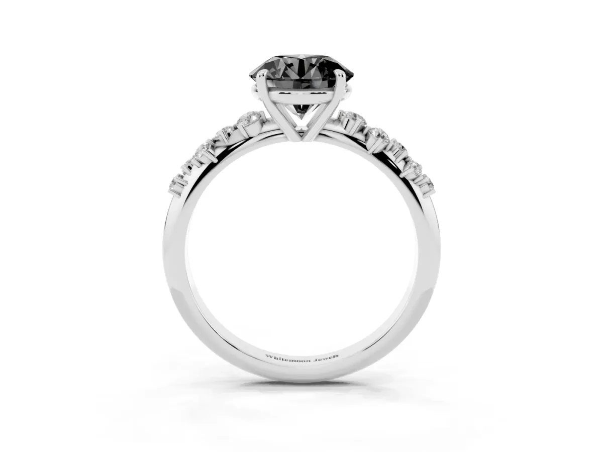 Fancy Black Round Cut Diamond Cluster Side Stone Solitaire Ring with Prong Setting Platinum