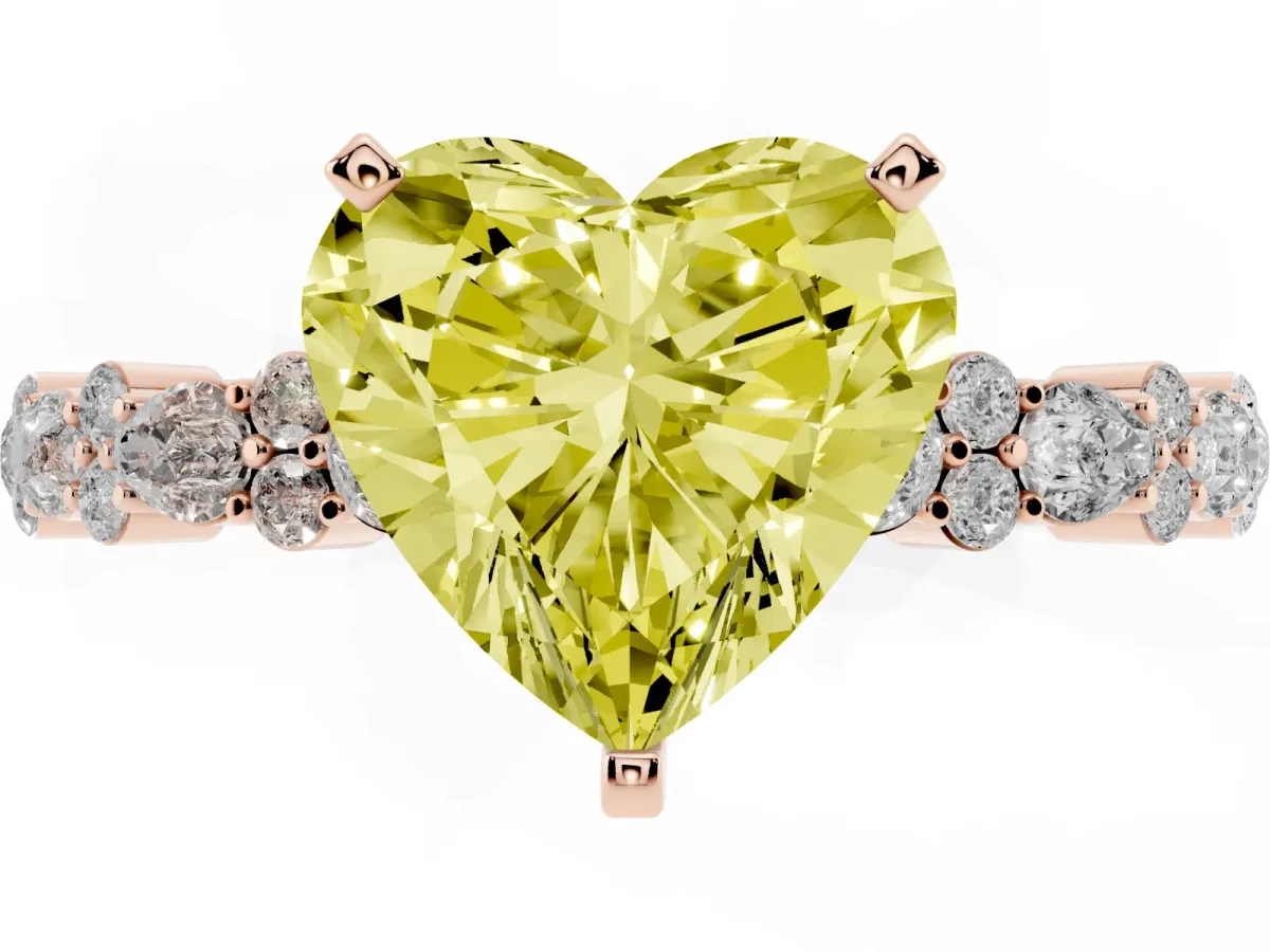 Fancy Yellow Heart Cut Diamond Side Stone Solitaire Ring with Round and Four-Prong Setting Rose gold