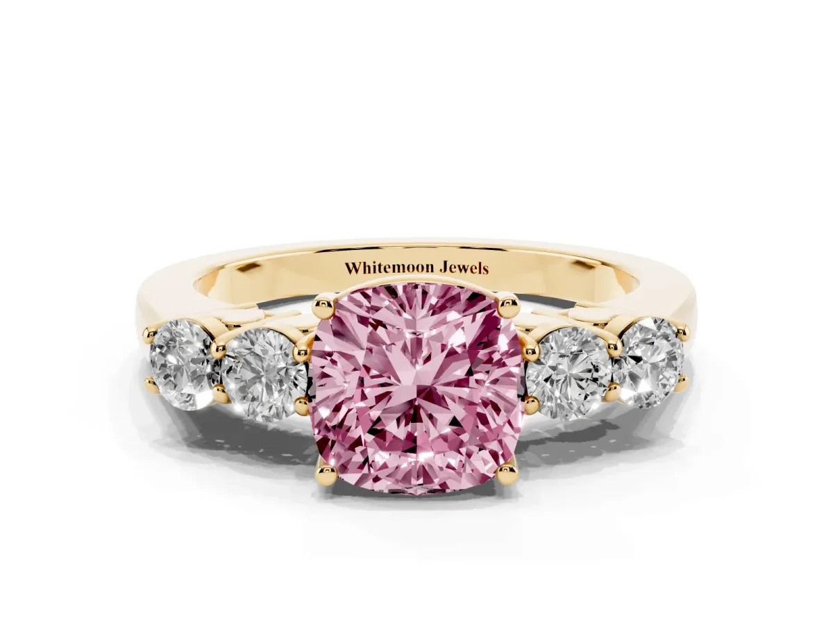 Fancy Pink Cushion Cut Cut Diamond Five-Stone Prong Set White Gold Ring Yellow gold