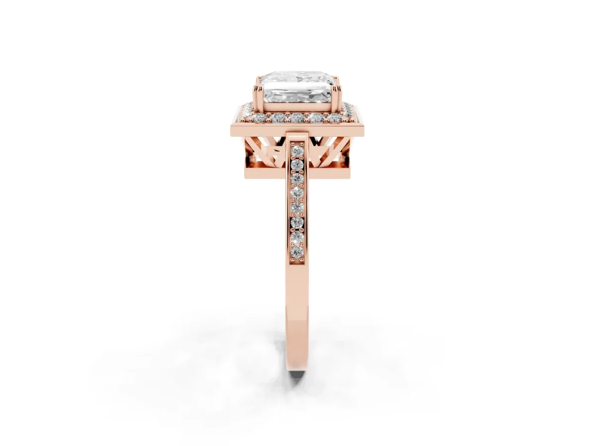 Princess Cut Diamond Halo Ring with Split Shank and Four-Prong Setting Rose gold
