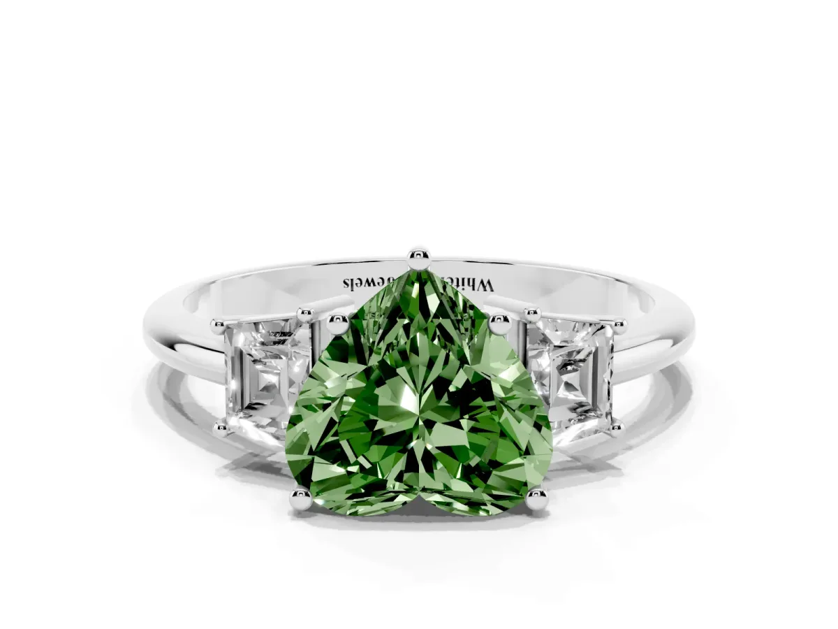 Fancy Green Heart Cut Diamond Three-Stone Ring with Trapezoid Side Stones and Prong Setting Silver
