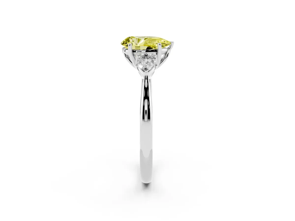 Fancy Yellow Pear Cut Diamond Three-Stone Ring with Pear Side Stones and Prong Setting Silver