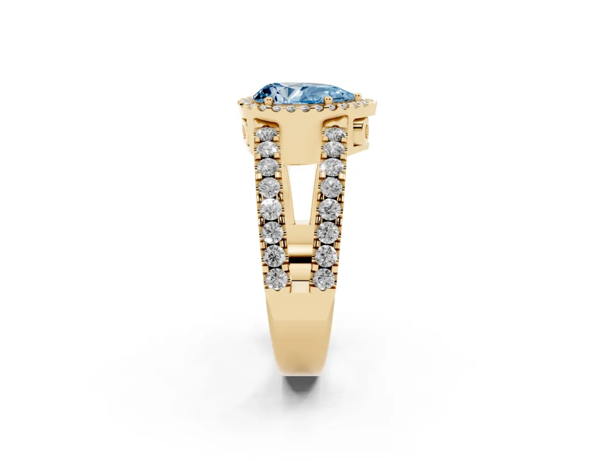 Fancy Blue Pear Cut Cut Halo Split Shank Diamond Ring with Four-Prong Setting Yellow gold