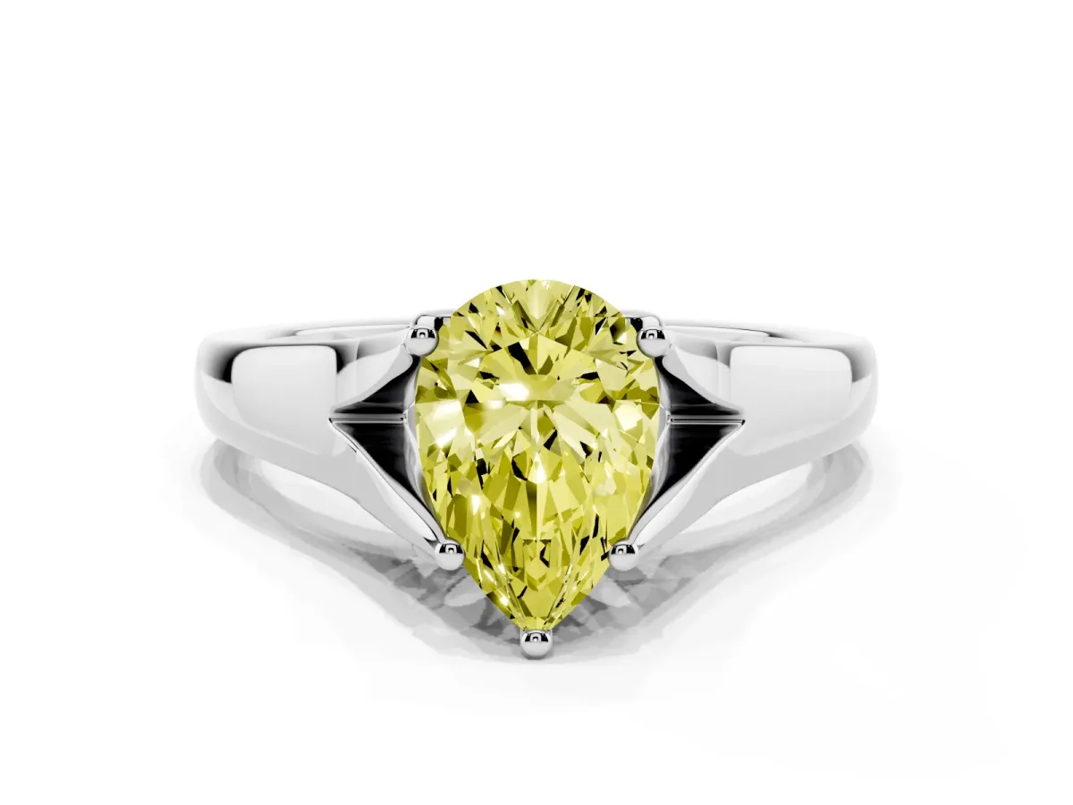 Fancy Yellow Pear Cut Solitaire Diamond Ring with Cathedral Band and Four-Prong Setting Silver
