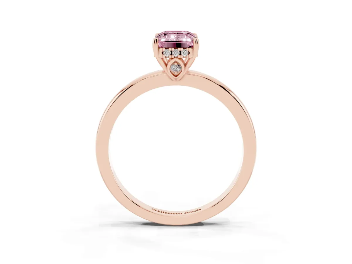 Fancy Pink Emerald Cut Solitaire Diamond Ring with Prong Setting and Plain Band Rose gold