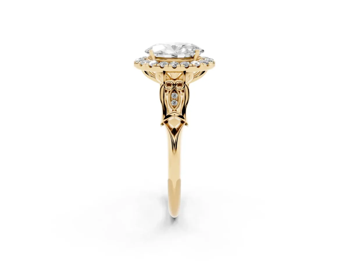 Oval Cut Halo Diamond Engagement Ring with Filigree Band and Four-Prong Setting Yellow gold