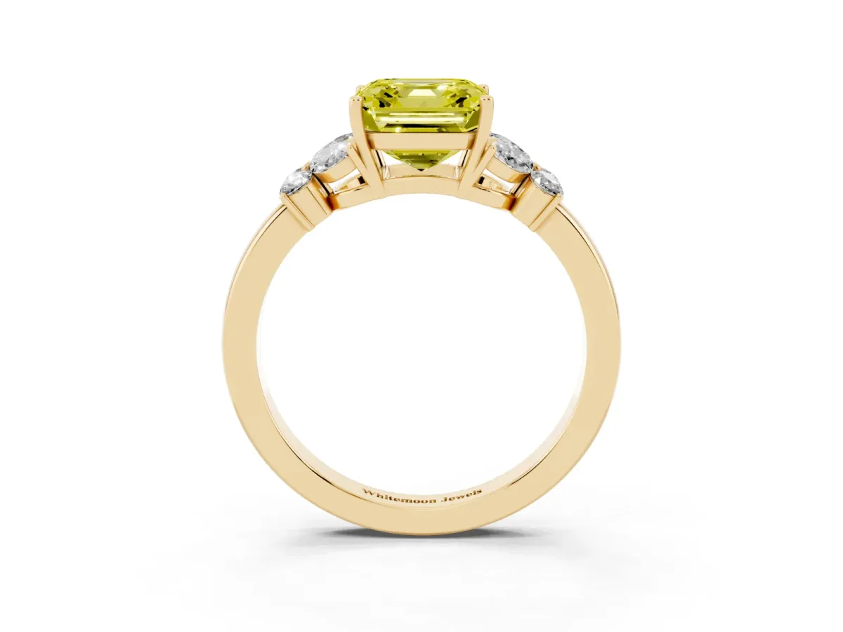 Fancy Yellow Asscher Cut Cut Solitaire Floral Diamond Ring with Four-Prong Setting Yellow gold