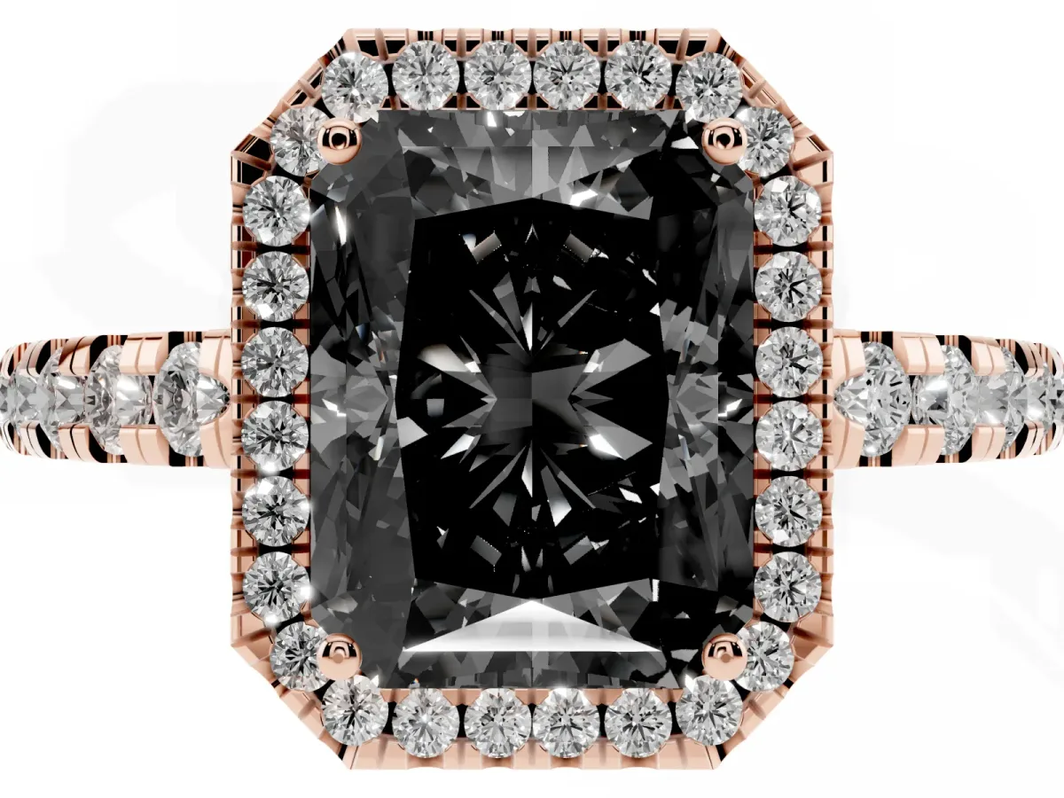Fancy Black Radiant Cut Diamond Halo Ring with Pavé Band and Four-Prong Setting Rose gold