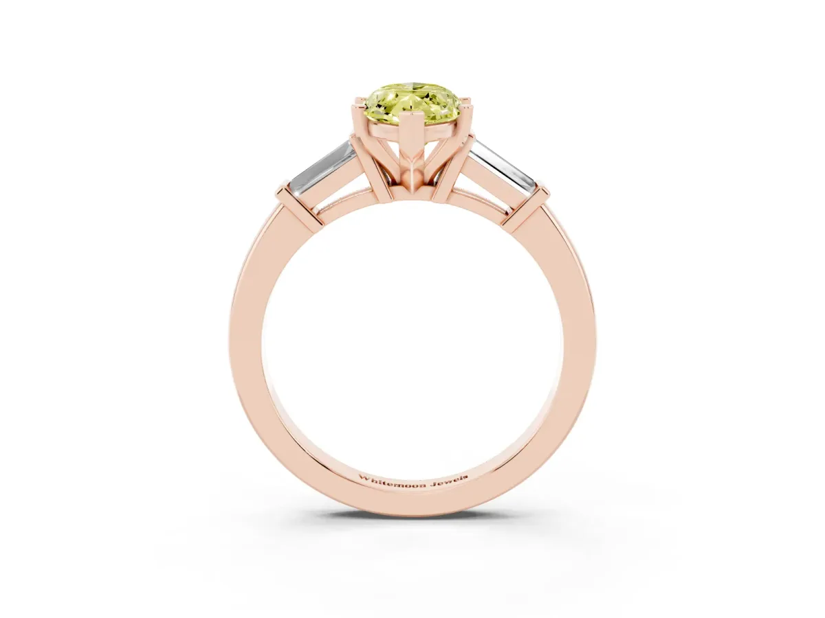 Fancy Yellow Marquise Cut Cut Diamond Solitaire Ring with Tapered Baguette Accents and Four-Prong Setting Rose gold