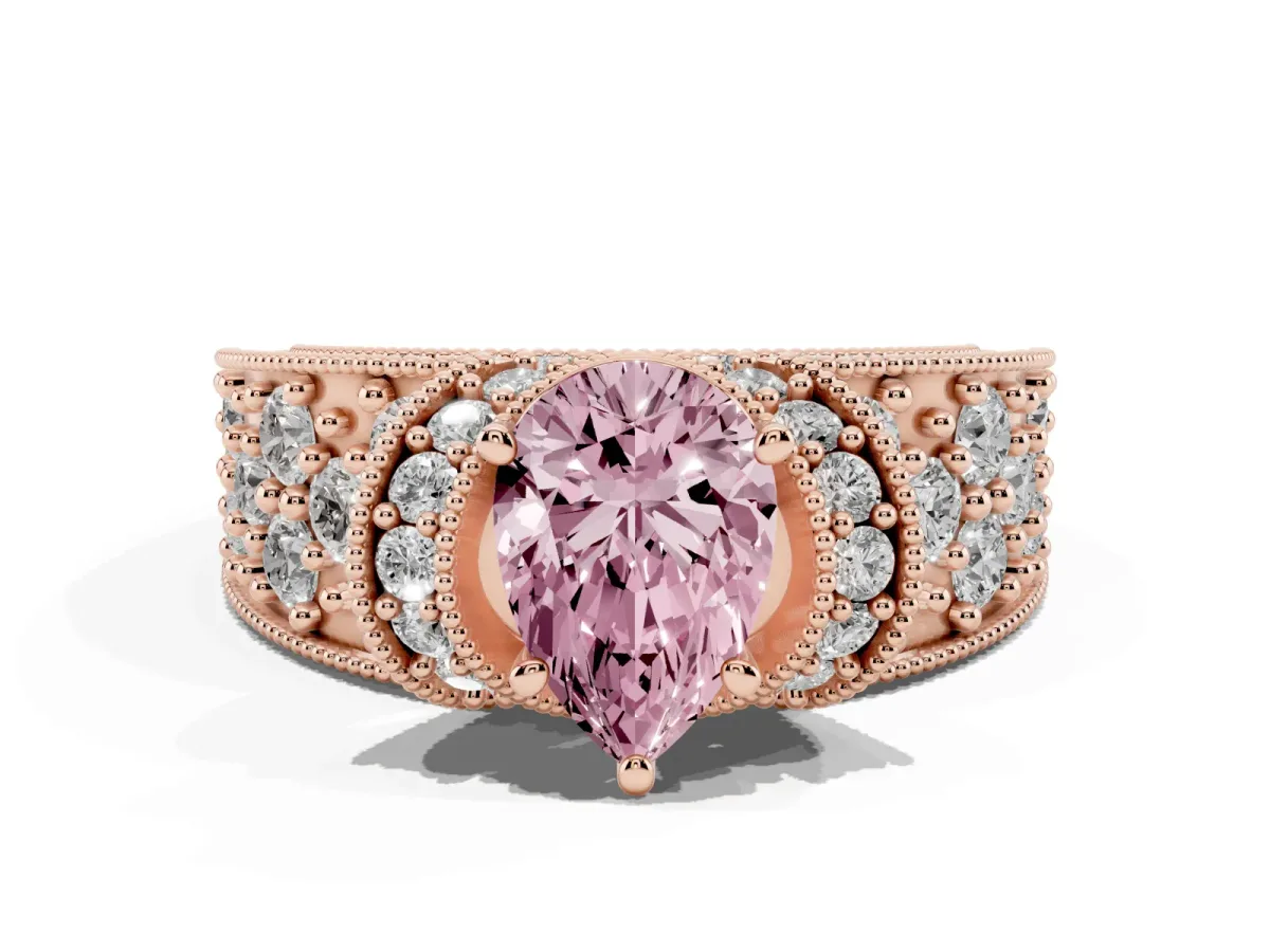 Fancy Pink Pear Cut Halo Pave Diamond Engagement Ring with Milgrain Detailing Rose gold
