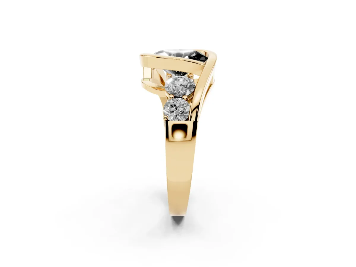 Fancy Black Bezel Set Oval Cut Diamond Bypass Ring with Round Accents Yellow gold