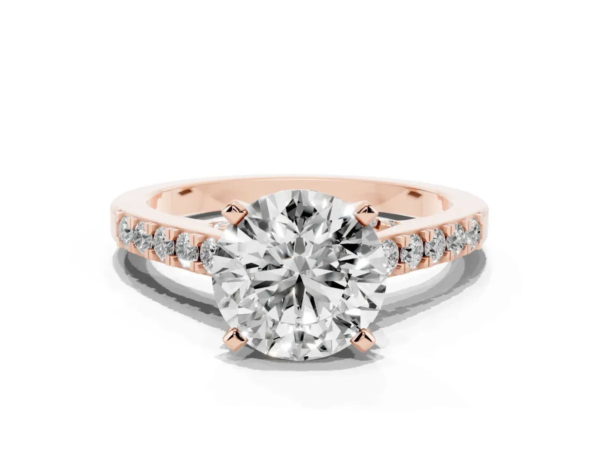Round Cut Diamond Solitaire Ring with Crossover Gallery and Round Pavé Band Rose gold