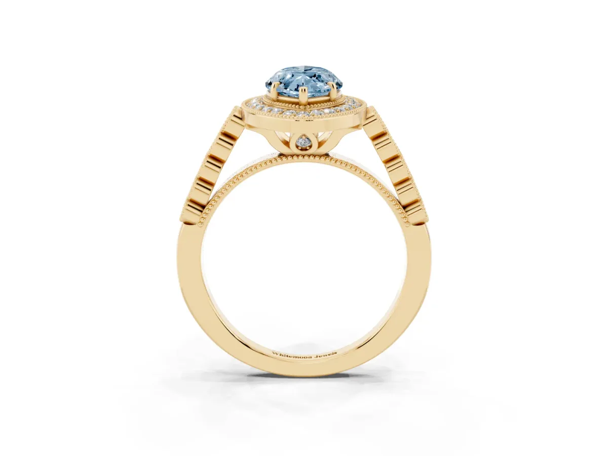 Fancy Blue Marquise Cut Halo Milgrain Solitaire with Bezel Set Side Stones and Pave Band Yellow gold