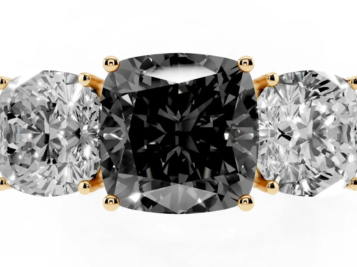 Fancy Black Cushion Cut Diamond Three-Stone Ring with Prong Setting and Textured Band Yellow gold