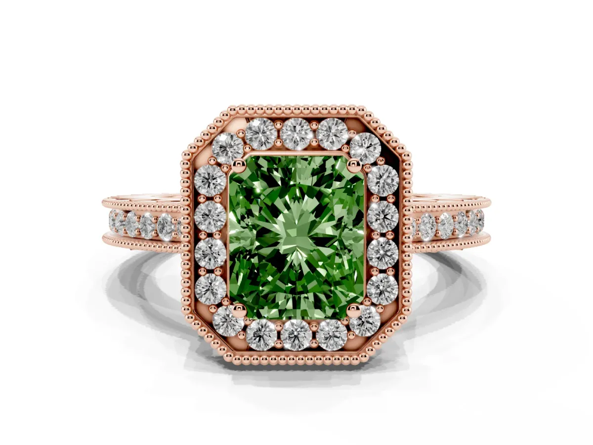 Fancy Green Radiant Cut Diamond Milgrain Halo Engagement Ring with Round Pavé Band and Prong Setting Rose gold