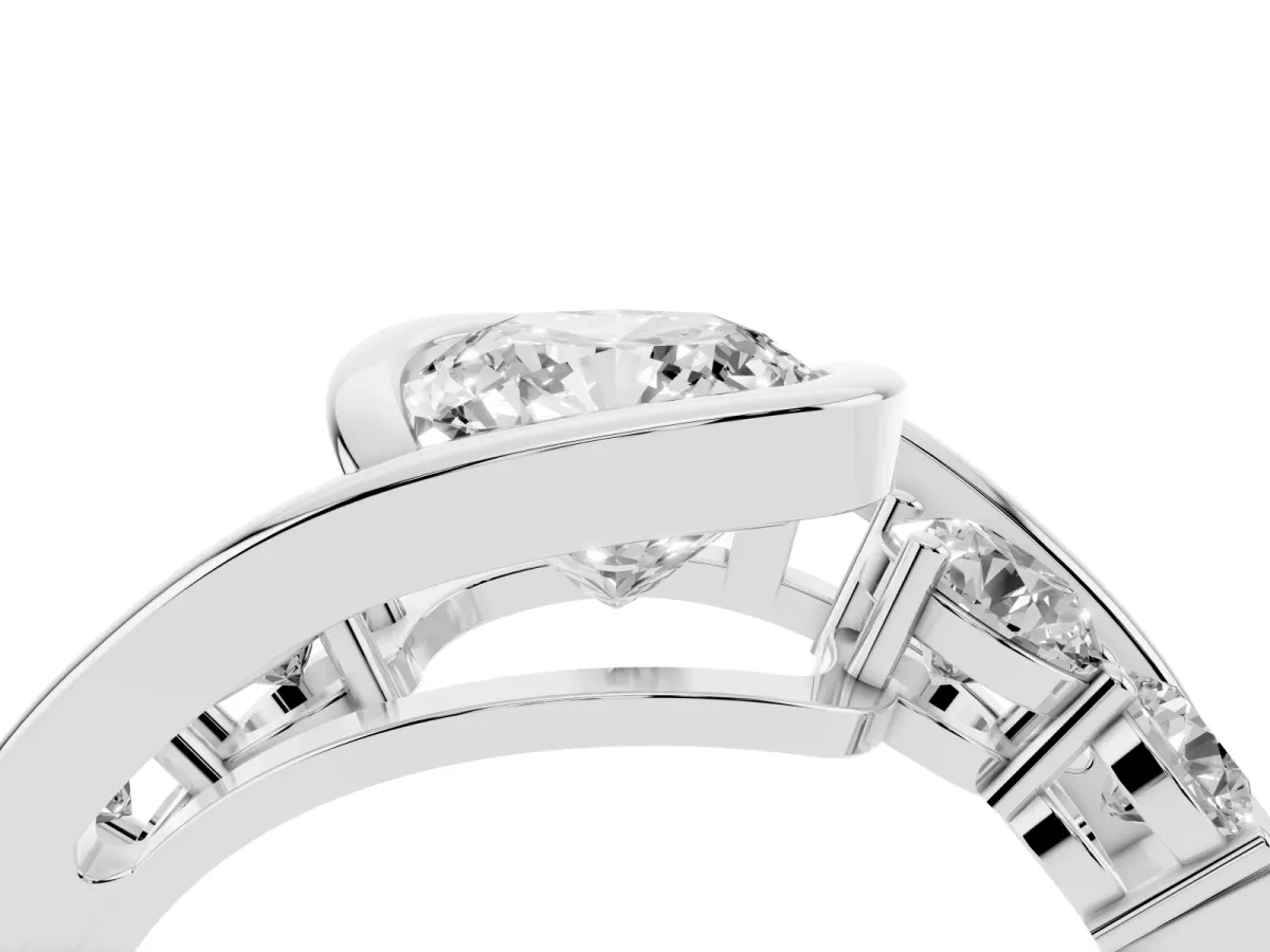 Bezel Set Cushion Cut Diamond Bypass Ring with Round Accents Silver