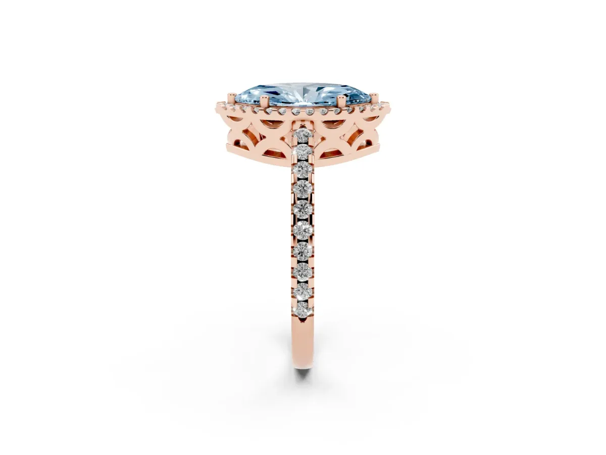 Fancy Blue Marquise Cut Diamond Halo Engagement Ring with Pavé Band and Prong Setting Rose gold