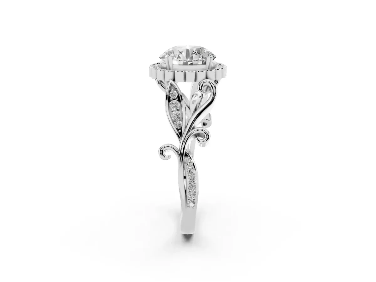 Round Cut Diamond Halo Ring with Vintage Split Shank and Four-Prong Setting Platinum