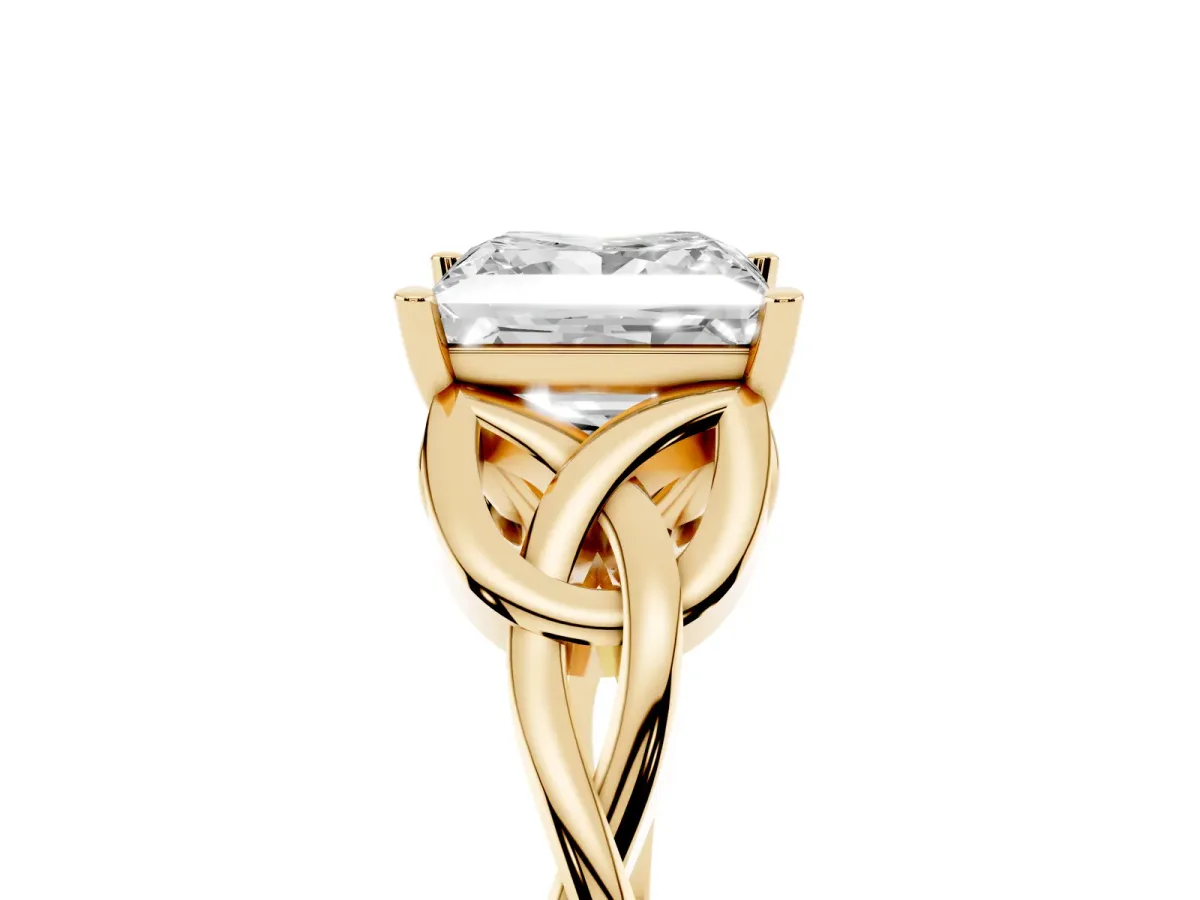 Princess Cut Diamond Solitaire Engagement Ring with Celtic Knot Band and Four-Prong Setting Yellow gold