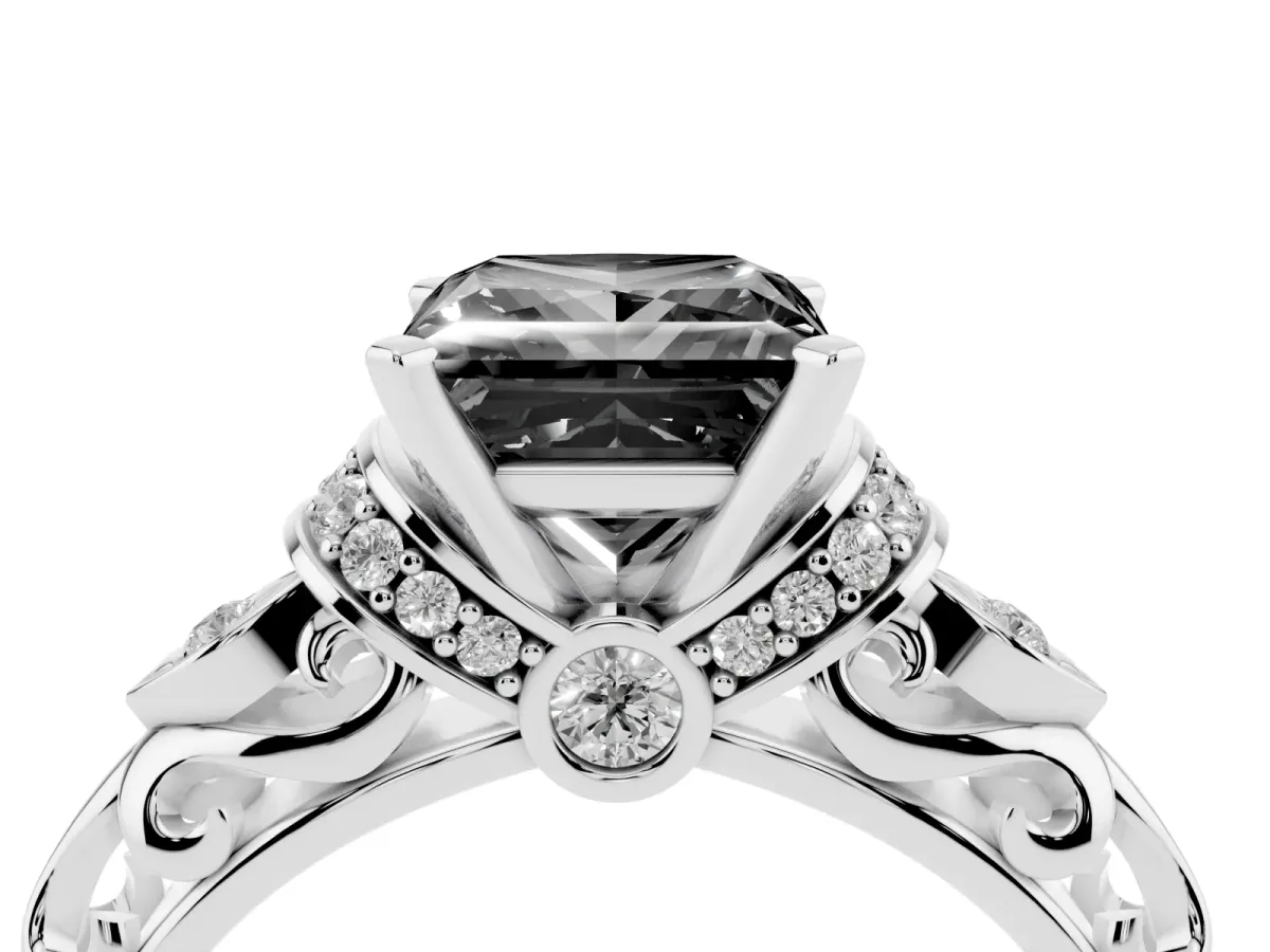 Fancy Black Princess Cut Diamond Solitaire Ring with Filigree Band and Four-Prong Setting Silver