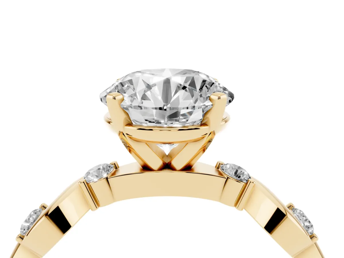 Round Cut Diamond Solitaire Twisted Band with Round Accents and Prong Setting Yellow gold