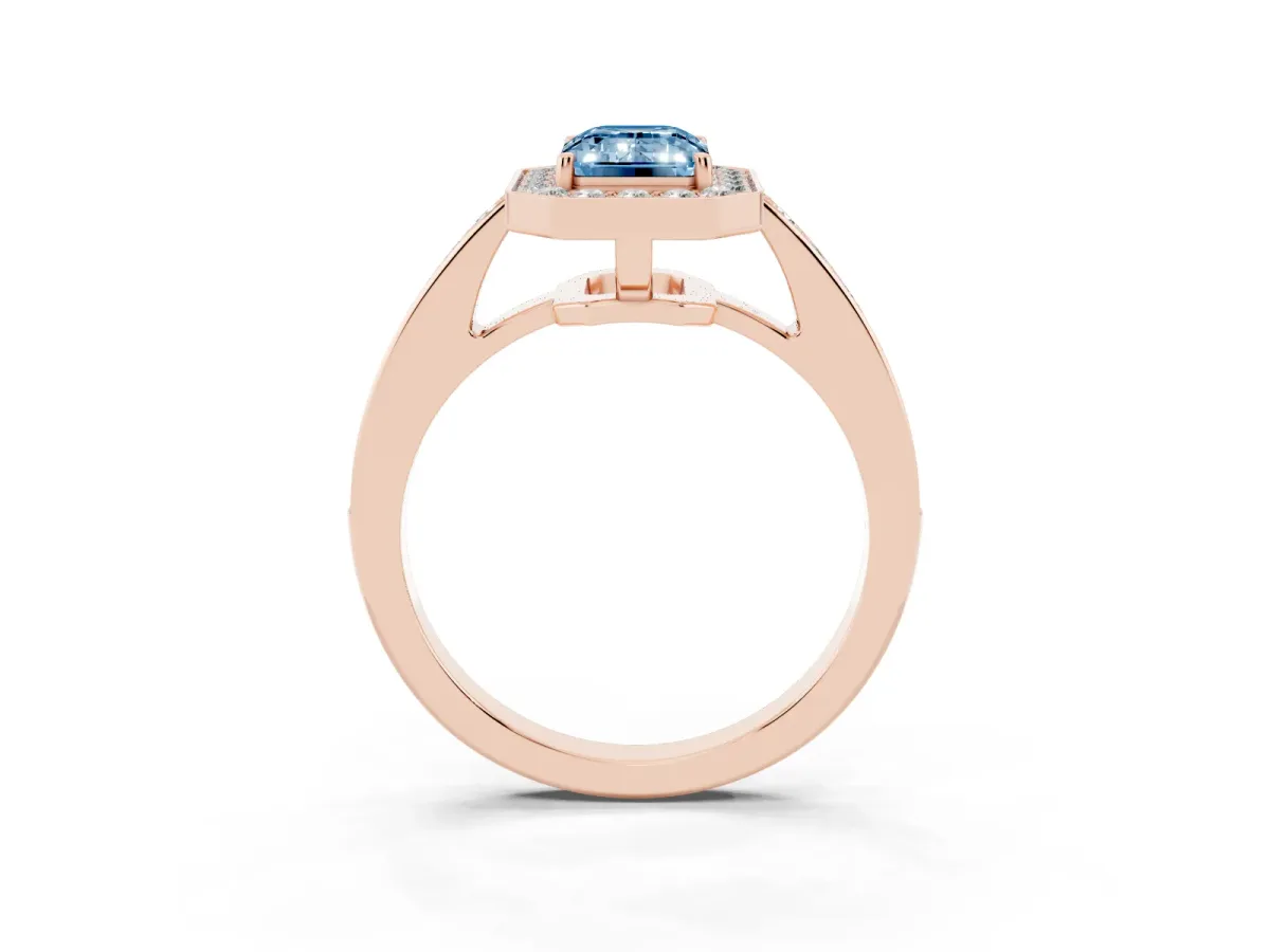 Fancy Blue Emerald Cut Halo Pavé Diamond Engagement Ring with Bezel Setting Rose gold