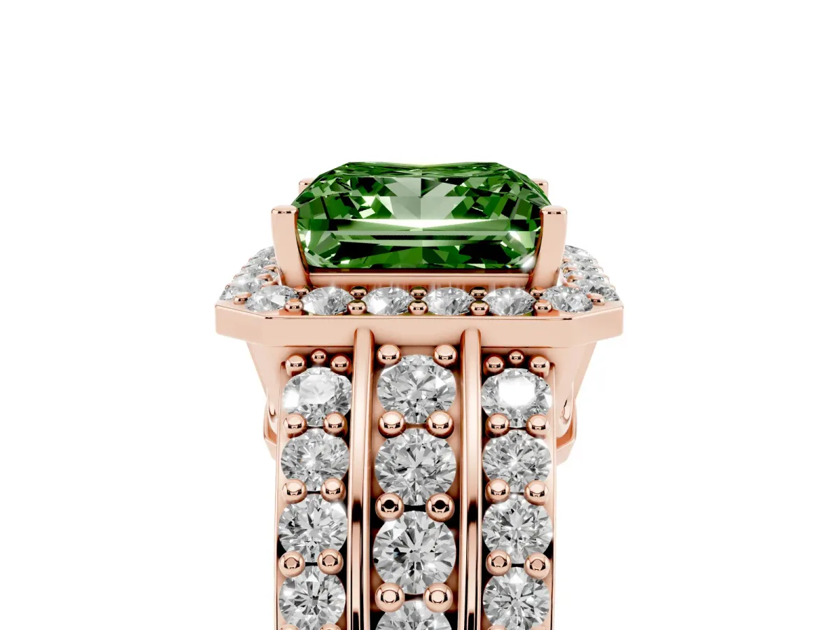 Fancy Green Princess Cut Halo Diamond Ring with Round Split Shank and Prong Setting Rose gold