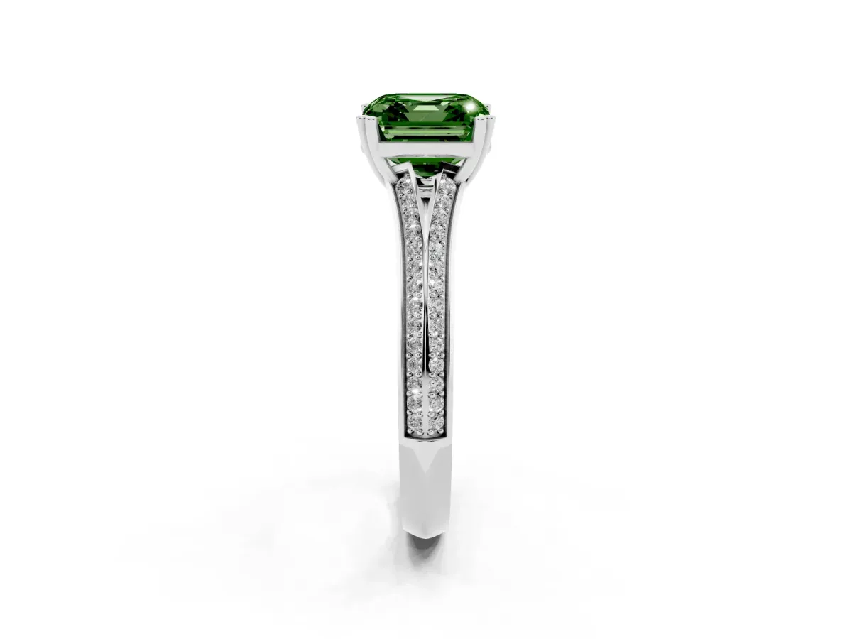 Fancy Green Asscher Cut Diamond Split Shank Engagement Ring with Pavé Band Silver