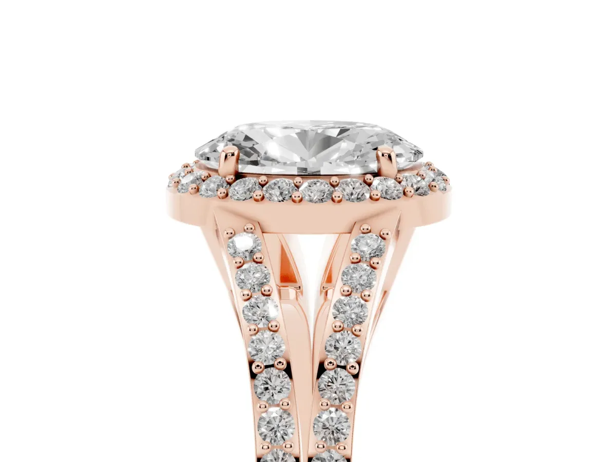Oval Cut Halo Split Shank Pave Diamond Ring with Four-Prong Setting Rose gold