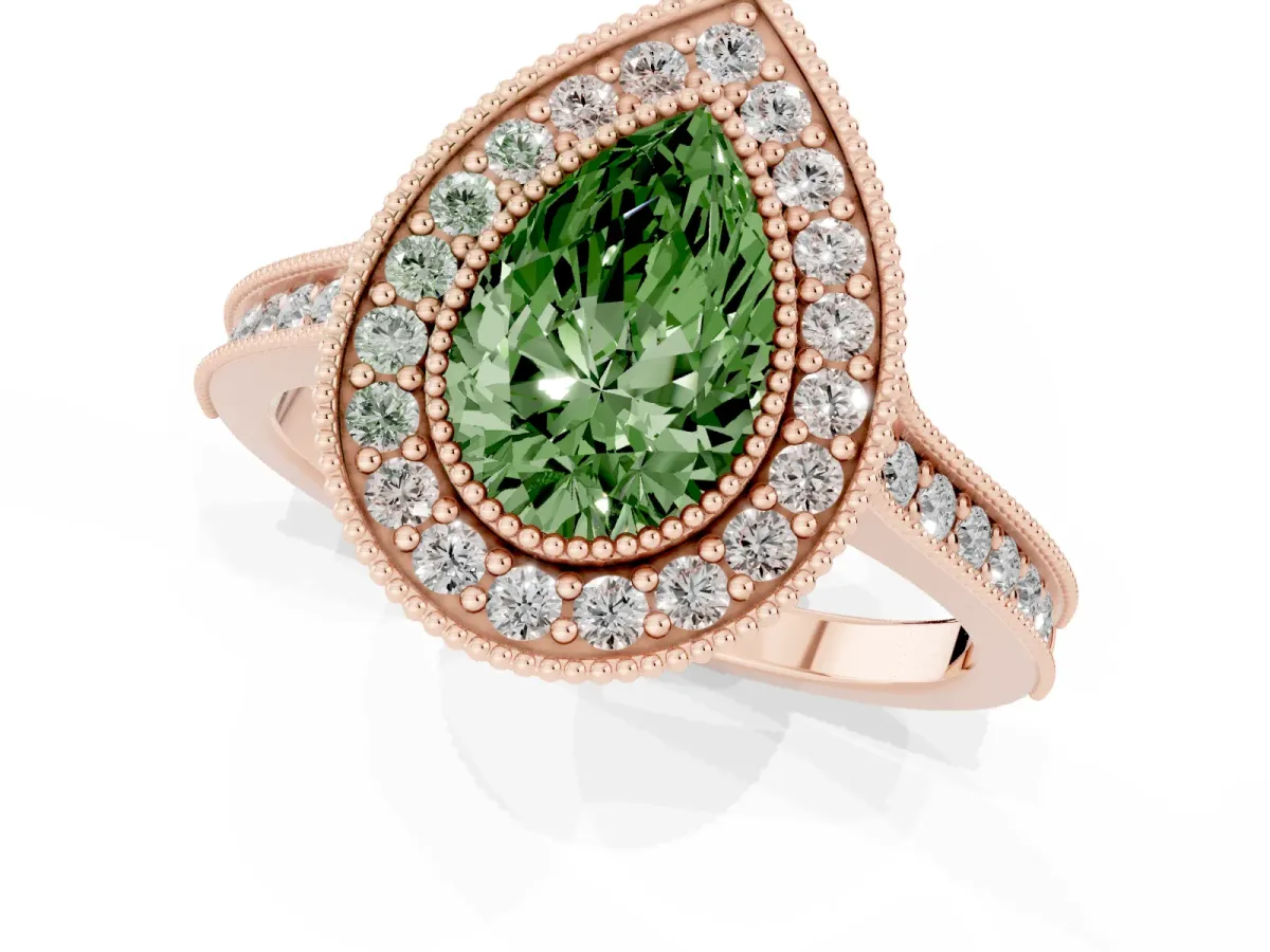 Fancy Green Halo Pear Cut-Cut Diamond Pave Band Milgrain Prong Setting Ring Rose gold