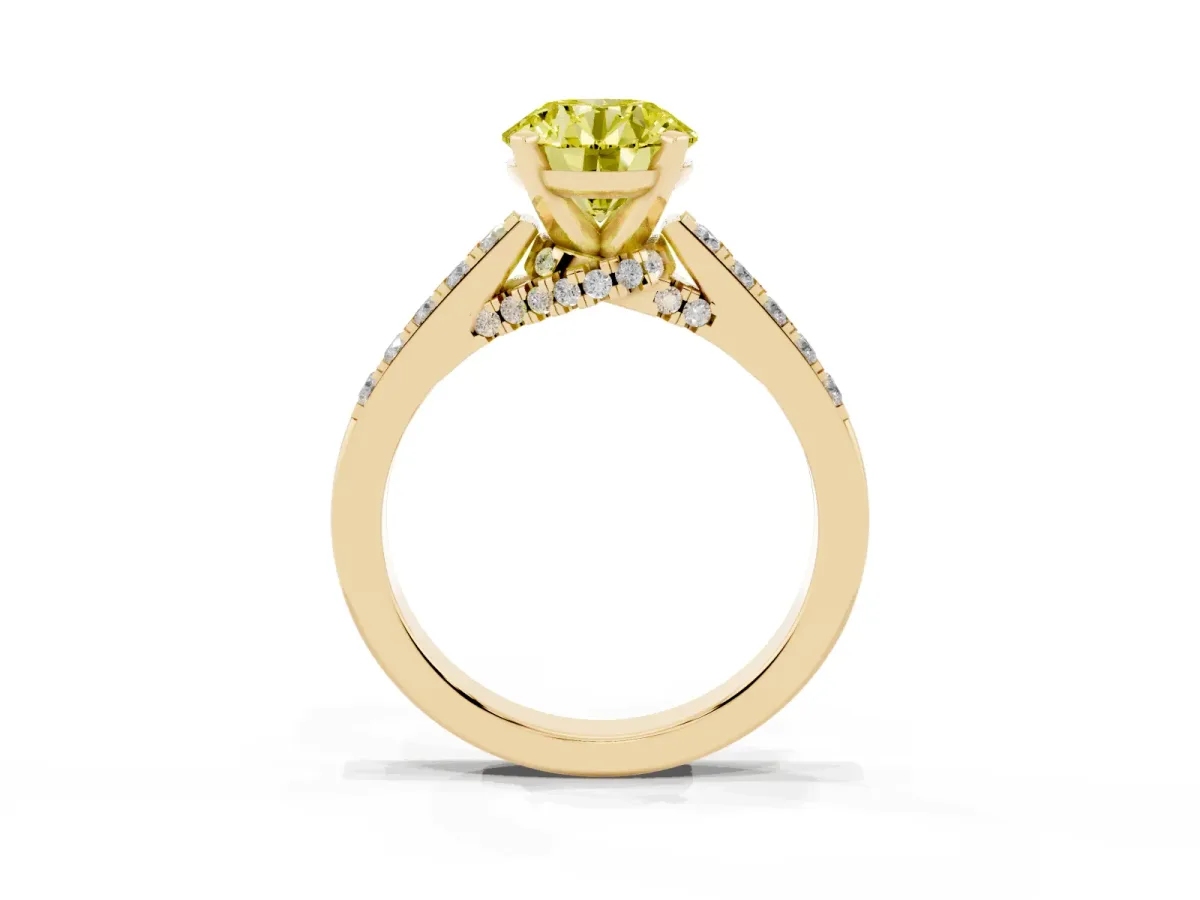 Fancy Yellow Round Cut Diamond Solitaire Ring with Crossover Gallery and Round Pavé Band Yellow gold