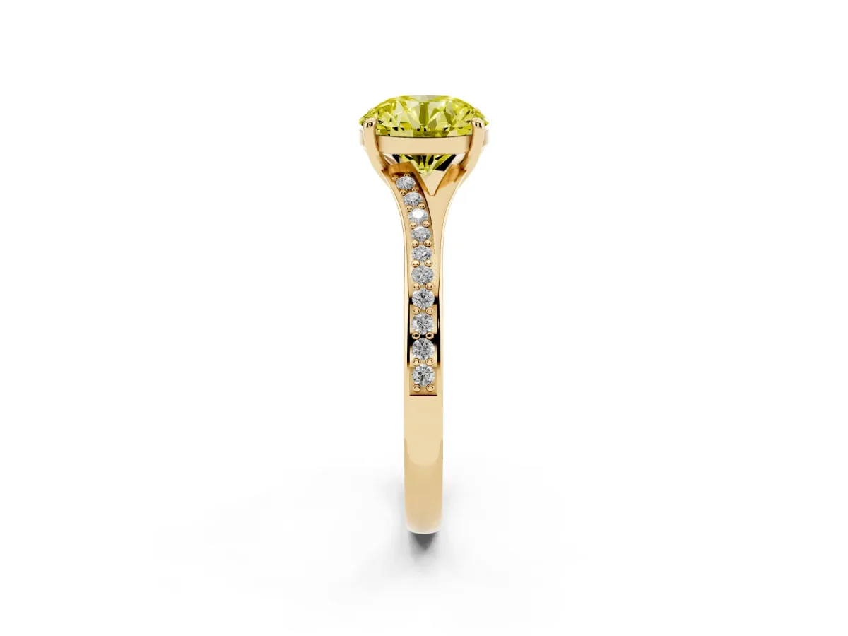 Fancy Yellow Round Cut Diamond Solitaire Ring with Pavé Band and Prong Setting Yellow gold