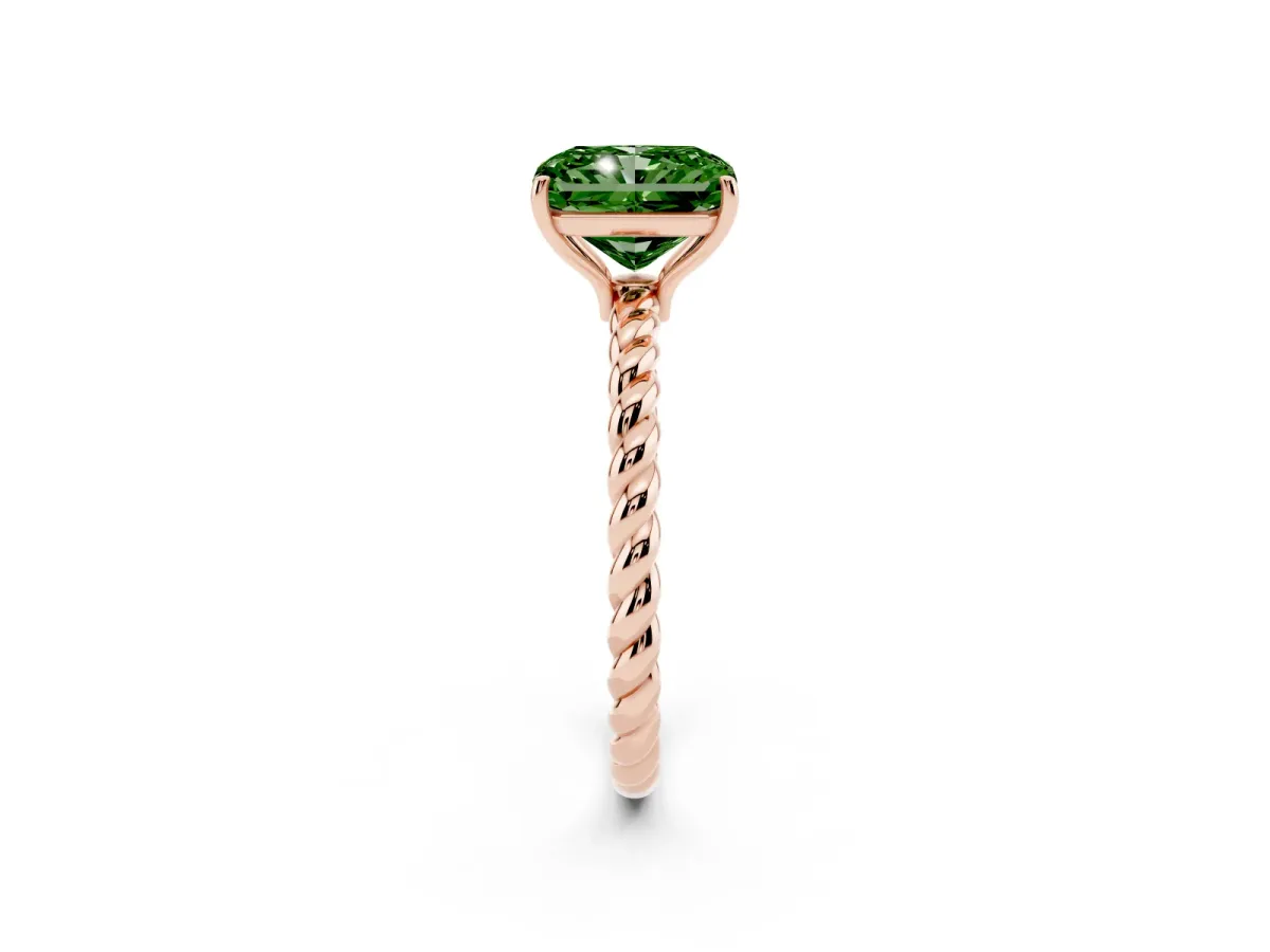 Fancy Green Radiant Cut Solitaire Twist Band Ring with Four-Prong Setting Rose gold