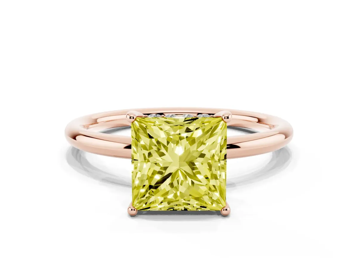 Fancy Yellow Princess Cut Solitaire Diamond Ring with a Classic Band and Four-Prong Setting Rose gold