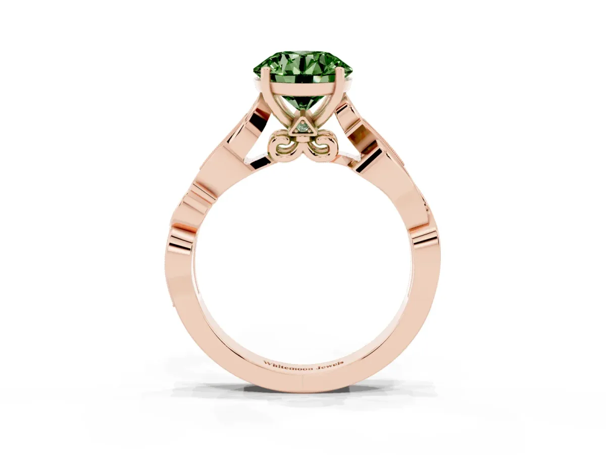 Fancy Green Round Cut Solitaire Vine Band with Milgrain Prong Setting Rose gold