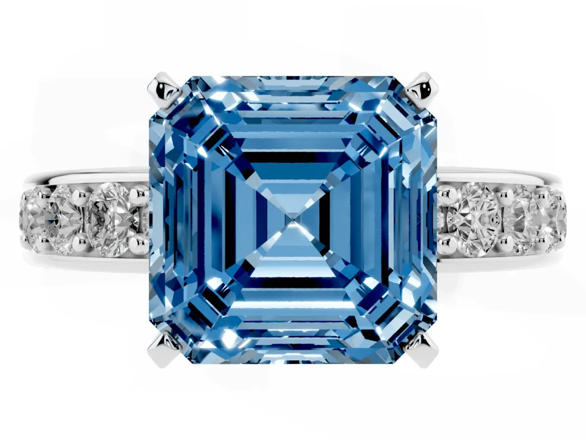 Fancy Blue Asscher Cut Diamond Engagement Ring with Channel Set Round Band and Prong Setting Silver