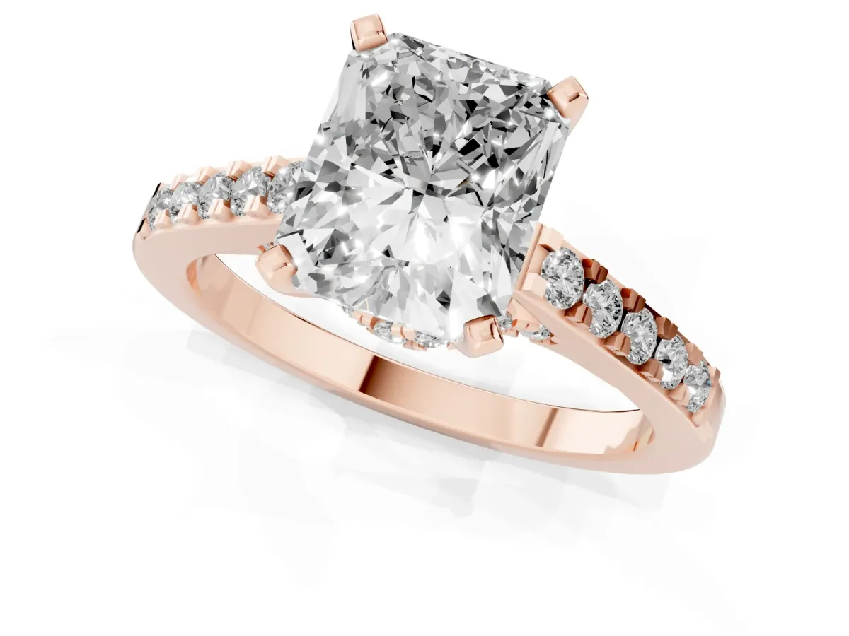 Radiant Cut Diamond Solitaire Ring with Crossover Gallery and Round Pavé Band Rose gold