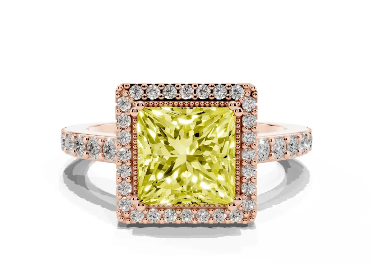 Fancy Yellow Princess Cut Cut Diamond Halo Engagement Ring with Milgrain Detail and Pavé Band Rose gold