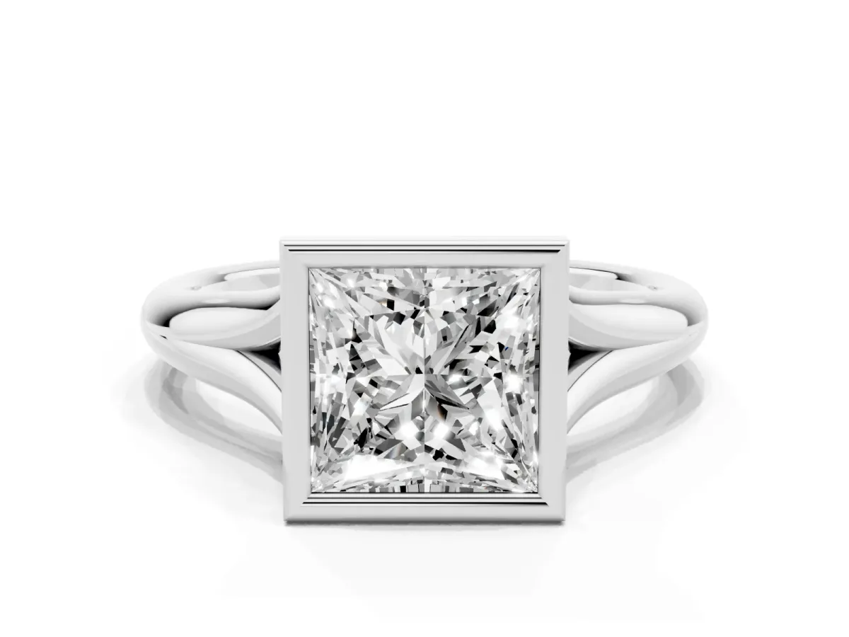 Bezel Set Princess Cut Solitaire Diamond Ring with Smooth Band Silver