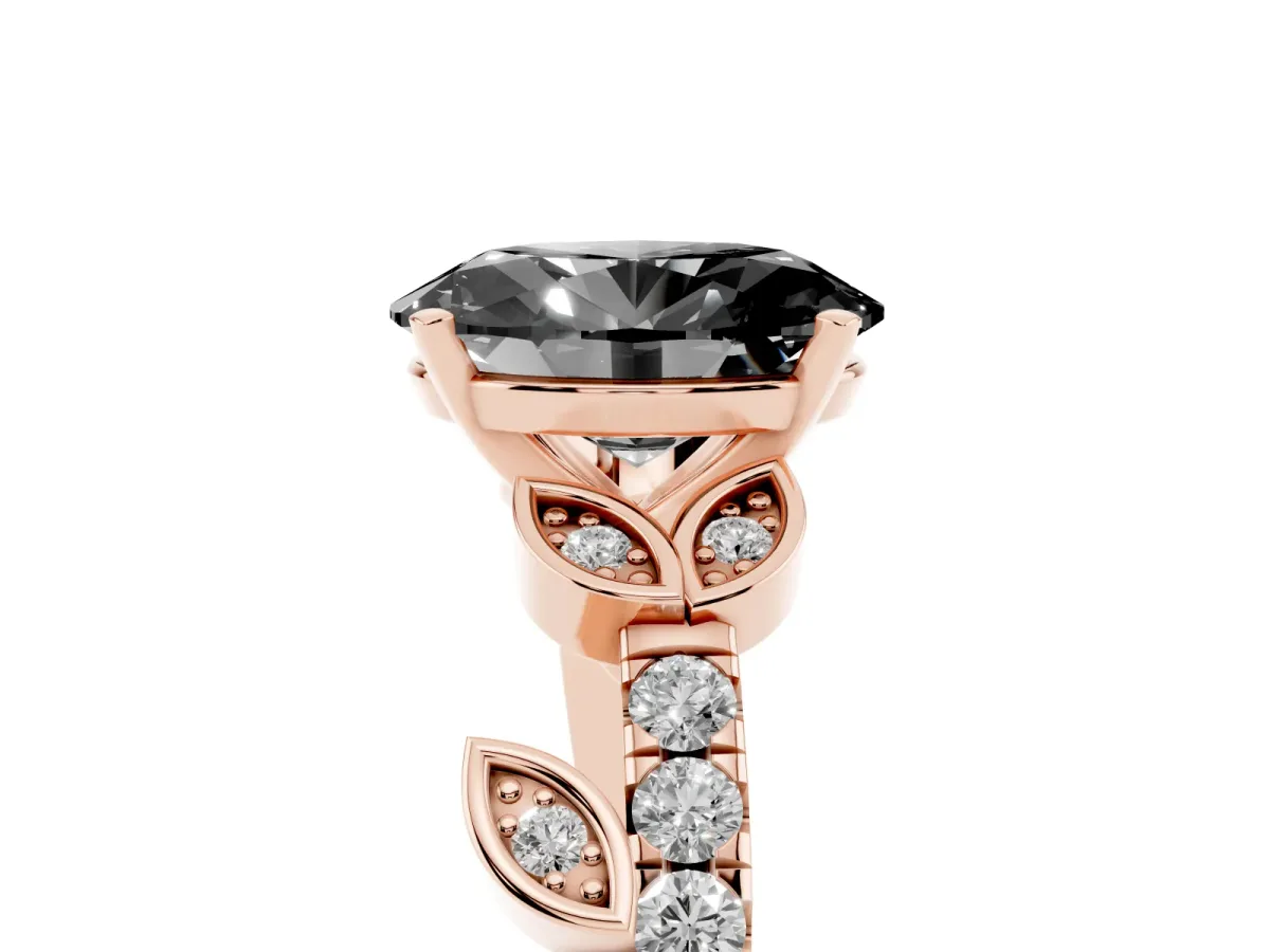 Fancy Black Oval Cut Solitaire Leaf-Inspired Diamond Ring with Pavé Band and Four-Prong Setting Rose gold