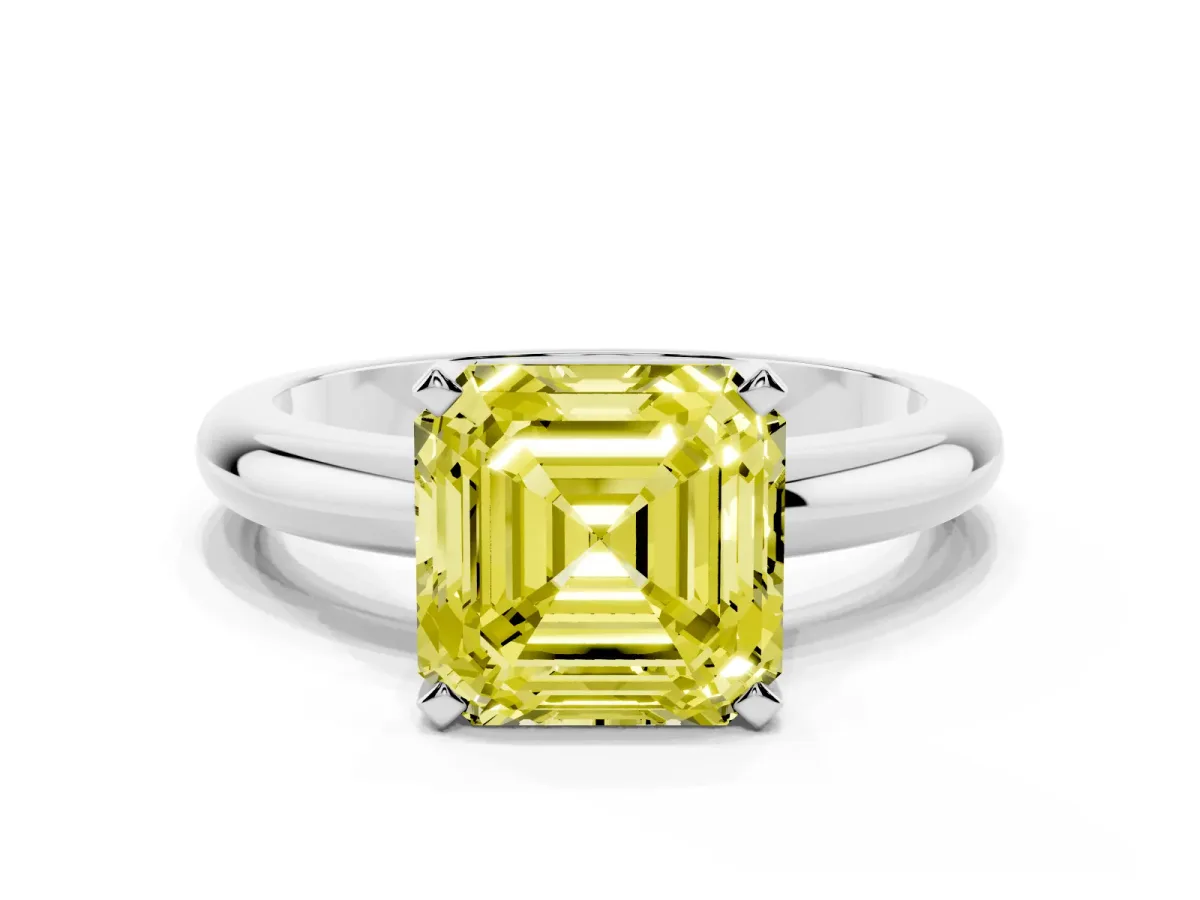 Fancy Yellow Asscher Cut Diamond Solitaire Engagement Ring with Round Band and Four-Prong Setting Silver
